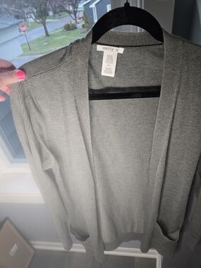 Matty M knit open-front cardigan in sage green-gray color